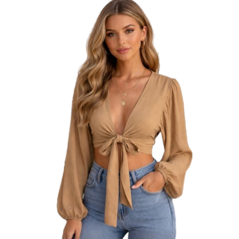 Boohoo Camel Tie-Front Long Sleeve Crop Blouse